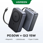 UGREEN portable charger shown in two views: one side displaying the Qi2 magnetic wireless charging pad and USB-C connector, and the other showing the rear with USB-A ports. The text below reads 'PD30W + Qi2 15W' and lists features like magnetic, 20000mAh, and Type C cable.