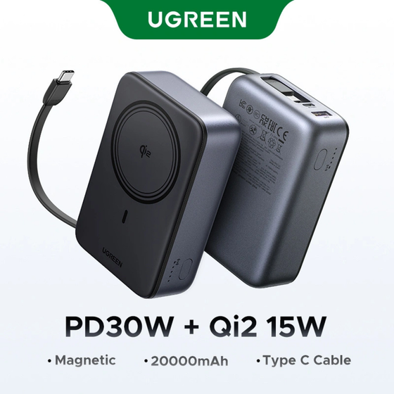 UGREEN portable charger shown in two views: one side displaying the Qi2 magnetic wireless charging pad and USB-C connector, and the other showing the rear with USB-A ports. The text below reads 'PD30W + Qi2 15W' and lists features like magnetic, 20000mAh, and Type C cable.