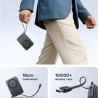 A person in a blue blazer and beige pants carries a small black rectangular electronic device with a short loop handle. The collage also shows two feature callouts: '18cm Cable length' with the device and cable, and '10000+ Bending Tests' with the device and a connector.