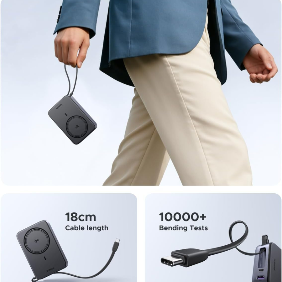 A person in a blue blazer and beige pants carries a small black rectangular electronic device with a short loop handle. The collage also shows two feature callouts: '18cm Cable length' with the device and cable, and '10000+ Bending Tests' with the device and a connector.