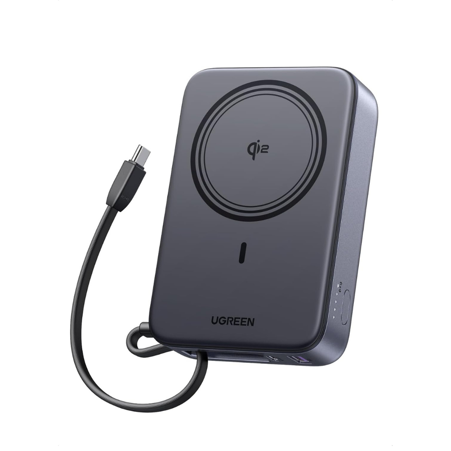 UGREEN Qi2 wireless charging pad in dark gray with a black USB-C cable, shown on a solid white background.