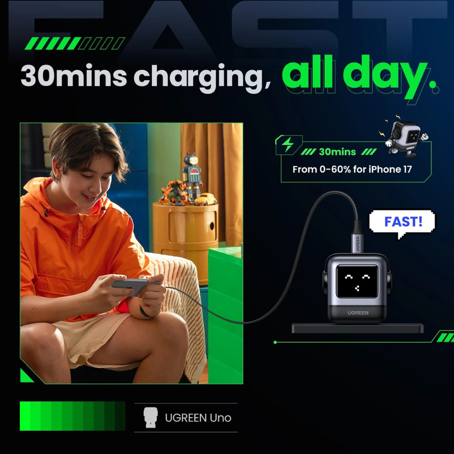 Advertisement for a charging device with a person playing video games and text about fast charging.
