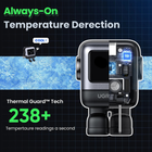 UGR action camera shown on a dark blue promotional graphic with text reading 'Always-On Temperature Drection,' 'Thermal Guard Tech,' and '238+ Temperature readings a second.' The camera is partially transparent to reveal internal cooling components, with a small cartoon thermometer and ice graphic illustrating temperature management.