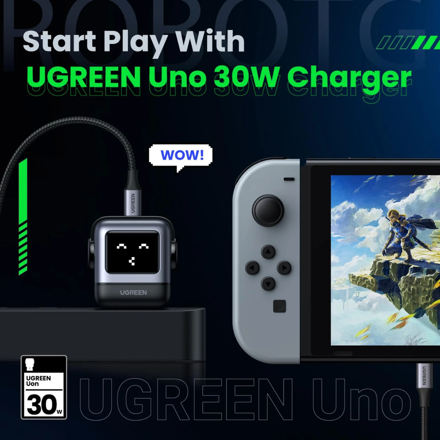 UGREEN Uno 30W charger with a gaming console displaying an animated character on a black background.