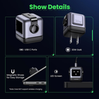 Product details of a compact electronic device with USB C ports, 30W GaN, magnetic shoes, and LED screen on a dark background.