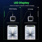 An infographic comparing LED display charging states, labeled 'While Charging' and 'Full charge,' showing a ULOGREEN wireless charging dock with a smartphone beneath it on a dark blue background with green and white text.