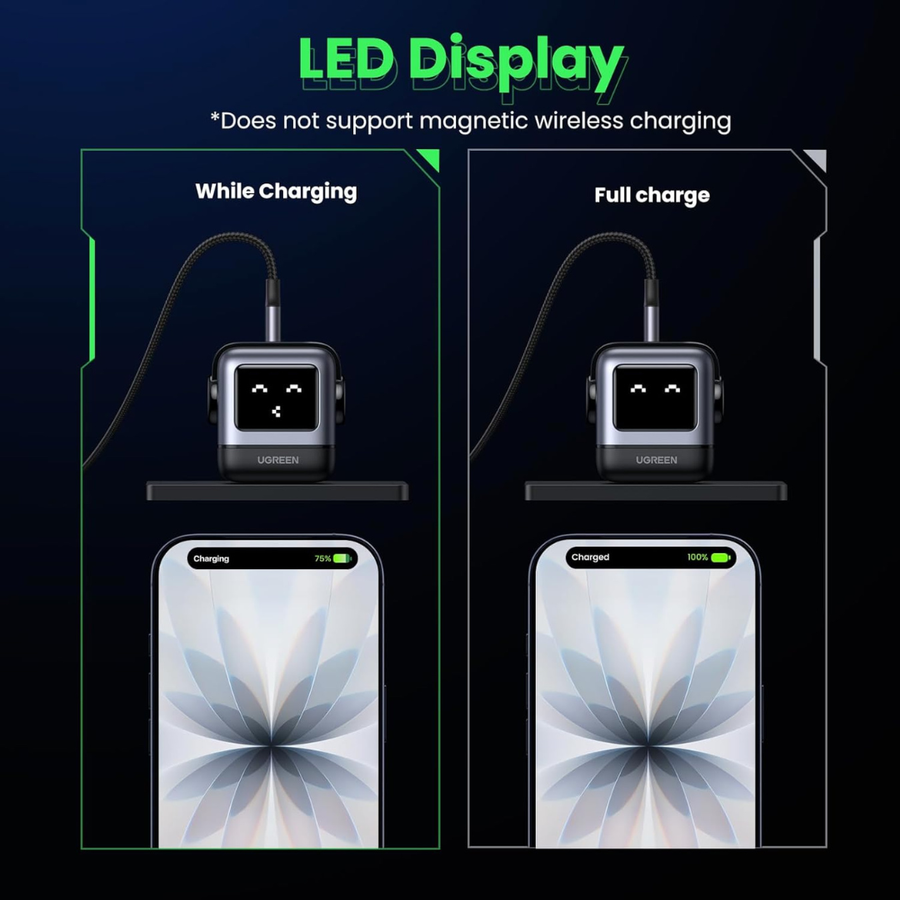 An infographic comparing LED display charging states, labeled 'While Charging' and 'Full charge,' showing a ULOGREEN wireless charging dock with a smartphone beneath it on a dark blue background with green and white text.