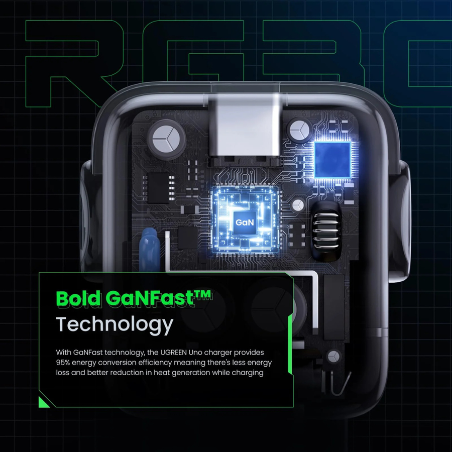 Close-up of a device with electronic components and GaNFast technology text on a dark background