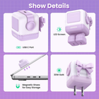 A promotional infographic on a purple grid background with the heading 'Show Details' and four panels showing a small cube-shaped USB-C travel adapter from multiple angles. The adapter is white and pastel lavender, with text labels pointing out USB-C port, LED screen, magnetic shoes for easy storage, and 30W GaN charging.