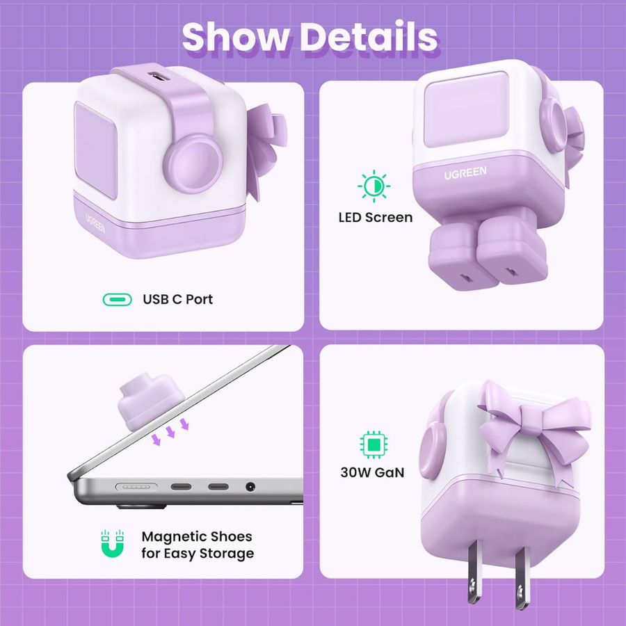 A promotional infographic on a purple grid background with the heading 'Show Details' and four panels showing a small cube-shaped USB-C travel adapter from multiple angles. The adapter is white and pastel lavender, with text labels pointing out USB-C port, LED screen, magnetic shoes for easy storage, and 30W GaN charging.