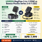 A promotional comparison infographic for a UGREEN MagFlow 2-in-1 (25W) versus a Baseus PicoGo Series 2-in-1 (Qi2). The graphic features side-by-side product images of both devices, detailed feature tables, pricing in Norwegian Krone (NPR), and contact information for the seller.