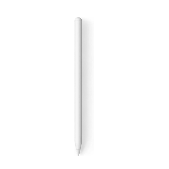 A slim white stylus pen centered vertically on a plain white background with a soft shadow.