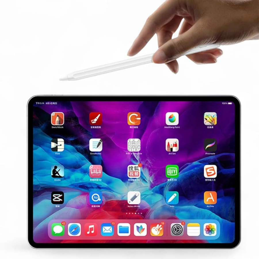 A tablet with a colorful app screen and a hand holding a white stylus above it on a plain white background.