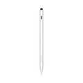A white stylus pen with a black tip and small black and green buttons, shown vertically against a plain white background.