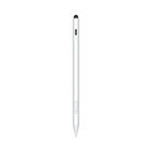A white stylus pen with a black tip and small black and green buttons, shown vertically against a plain white background.