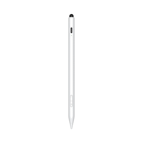A white stylus pen with a black tip and small black and green buttons, shown vertically against a plain white background.