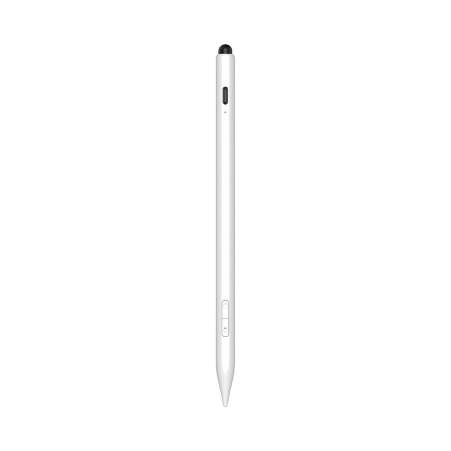 A white stylus pen with a black tip and small black and green buttons, shown vertically against a plain white background.