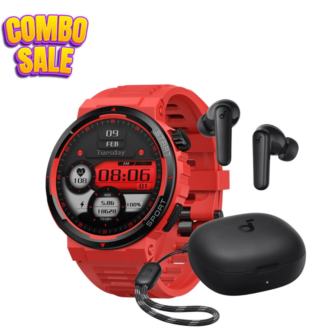 Best Smartwatch and Earbuds Combo Nepal featuring Zeblaze AMOLED display and Anker Deep Bass audio.