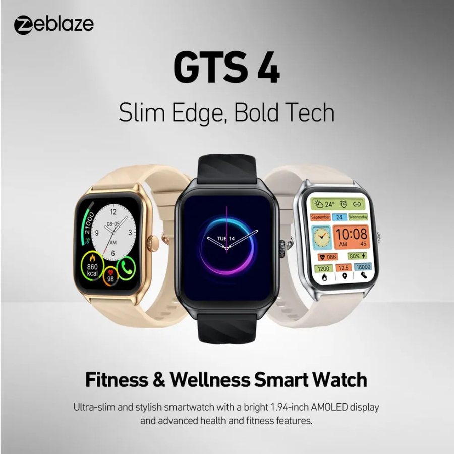 Buy now Zeblaze GTS 4 smartwatch showing large 1.94 inch AMOLED display with always on display