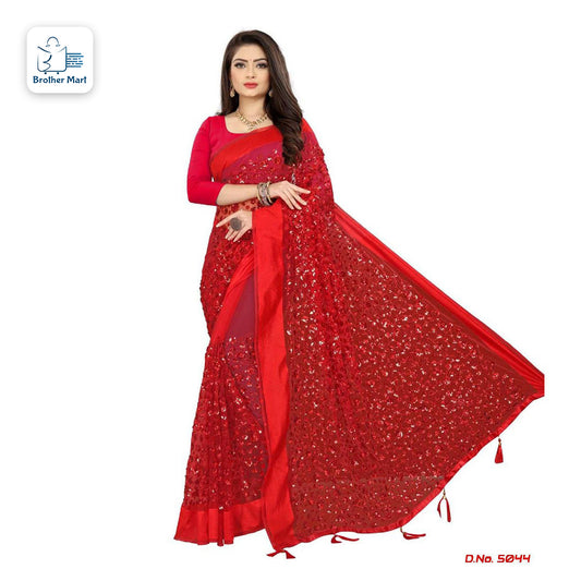 Beautiful Red Velvet  Sequence Saree for women high quality women saree - Brother-mart