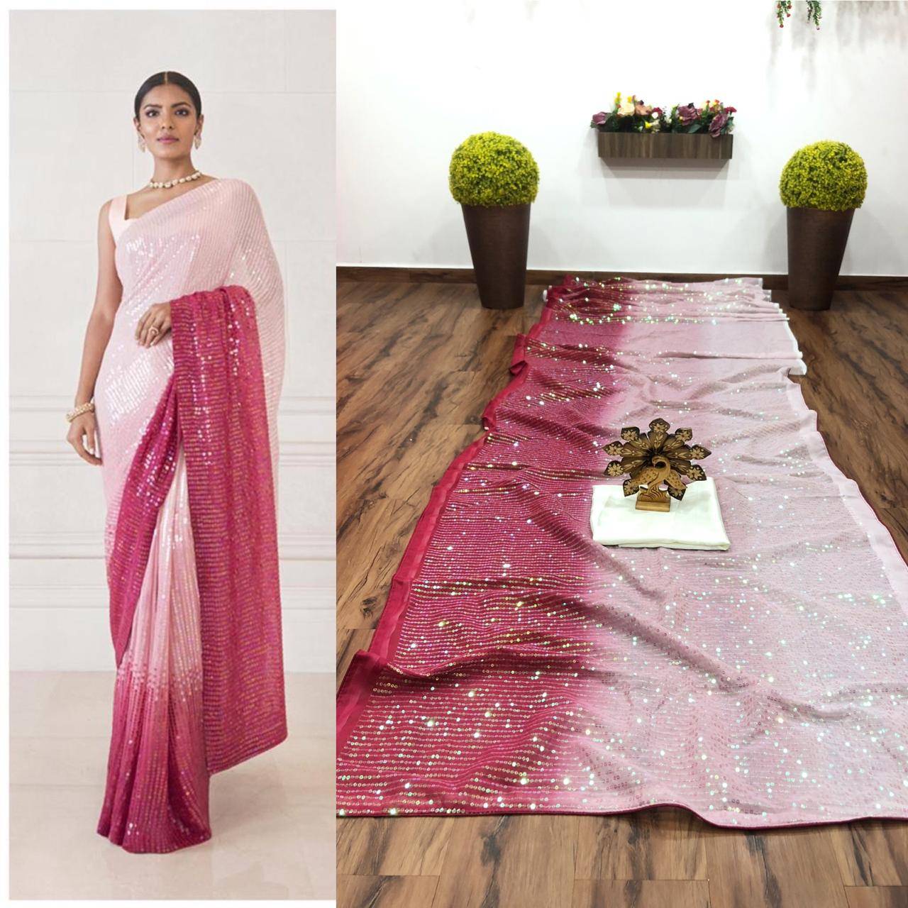 Double color Pink  Sequence saree for Women most fashionable and trending - Brother-mart