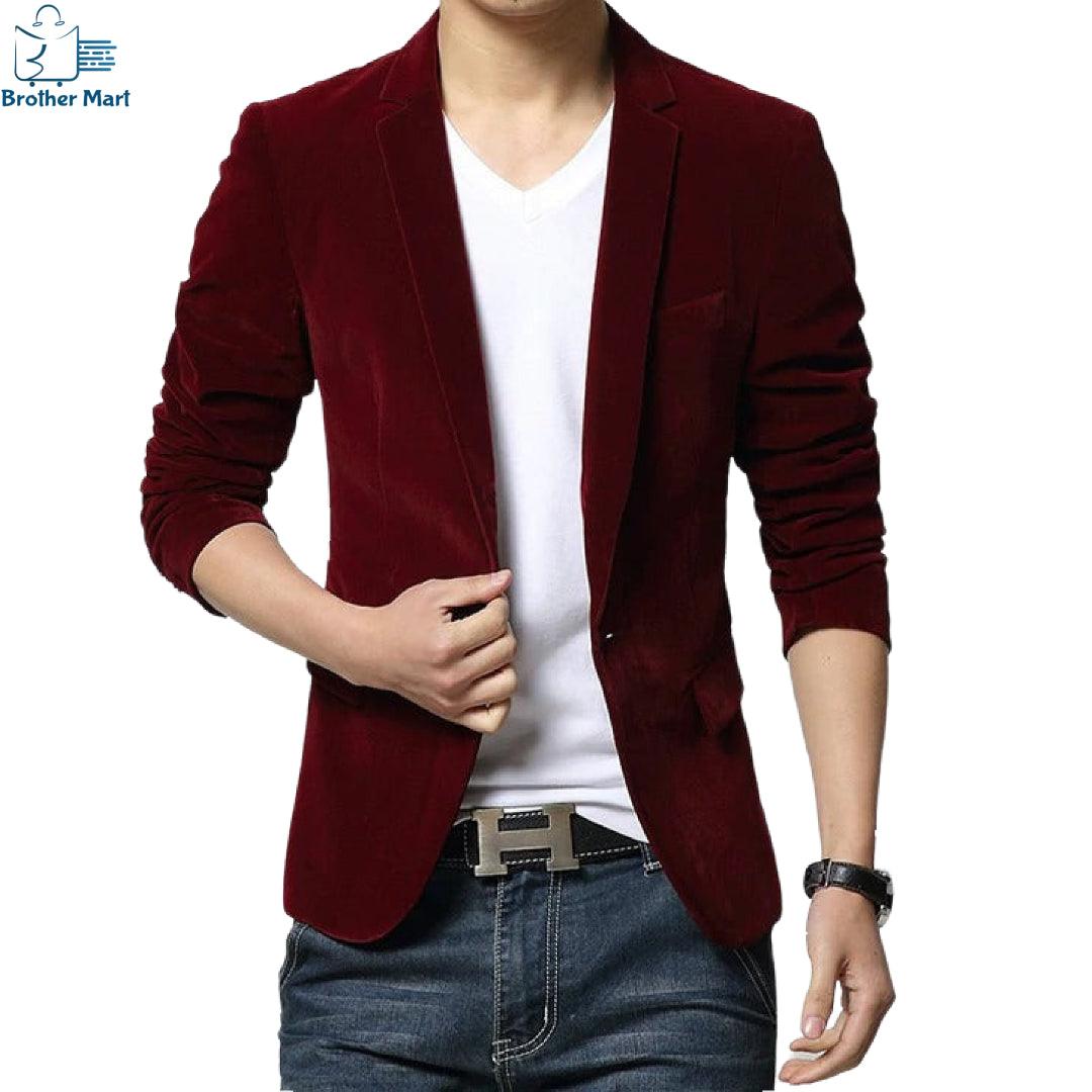 Maroon Velvet Men Casual Blazer for Men blazer brand clothing casual suit Slim Jacket - Brother-mart