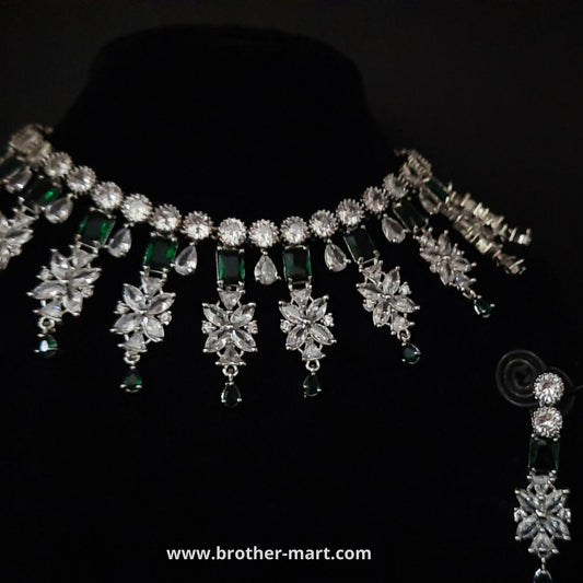 Sparkling Designer Necklace with Green Emerald stone studded paired with stylist earrings. - Brother-mart