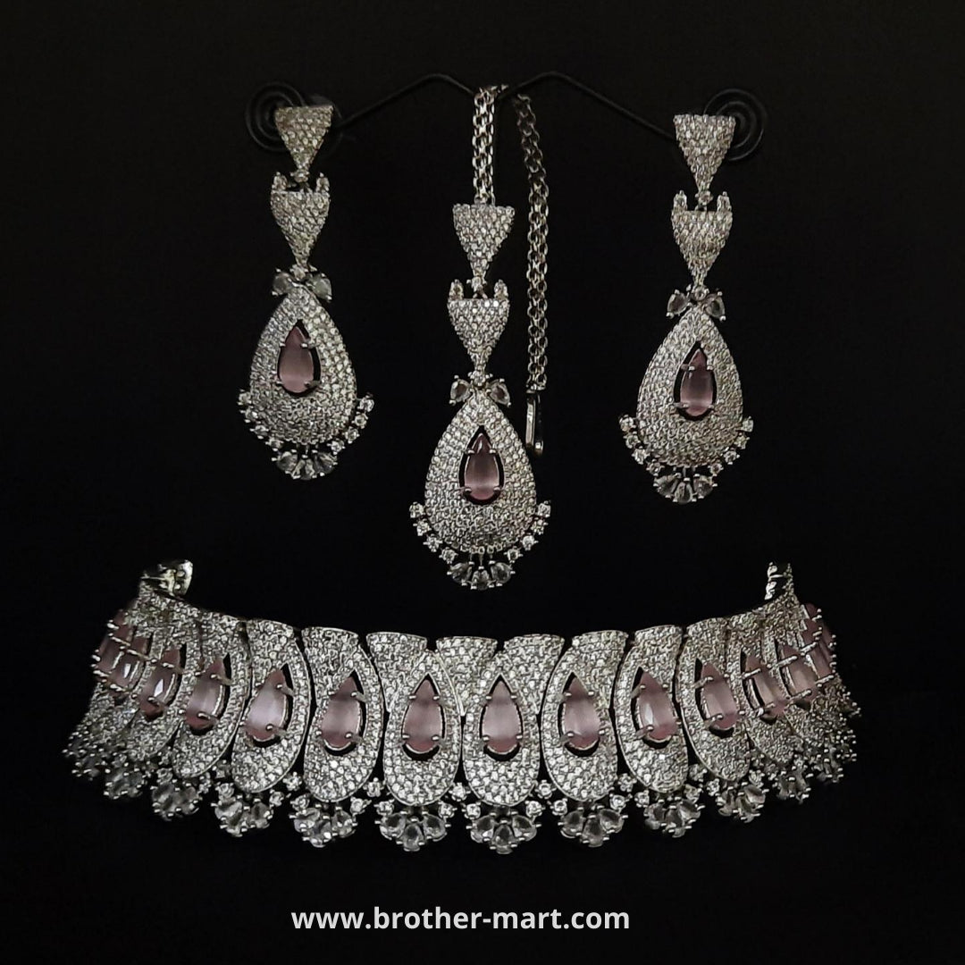 Designer Peach AD  Chocker set Paired with Earrings and Mangtika - Brother-mart