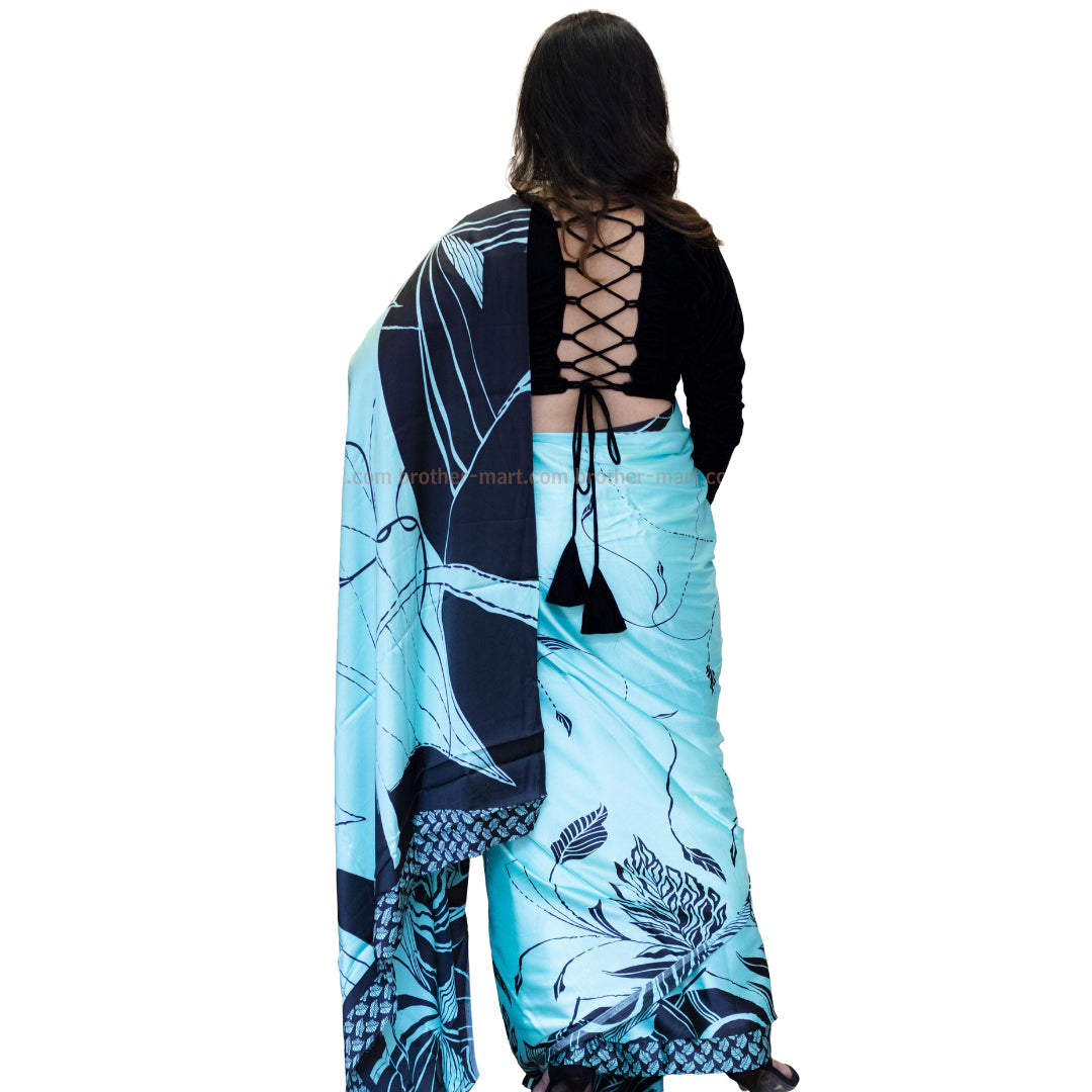 Satin crepe Blue Saree Design With Unstitched Blouse - Brother-mart
