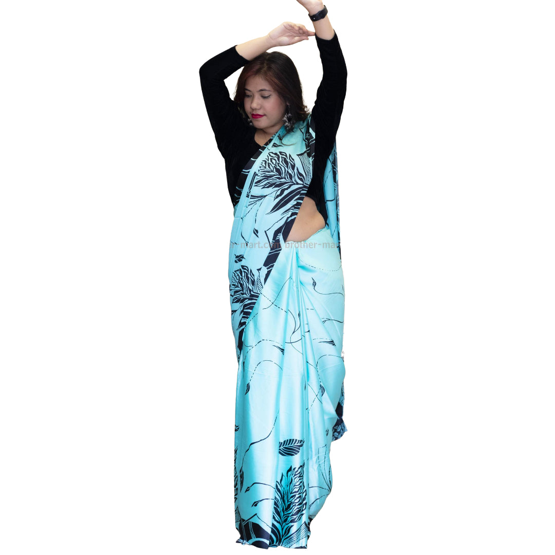 Satin crepe Blue Saree Design With Unstitched Blouse - Brother-mart