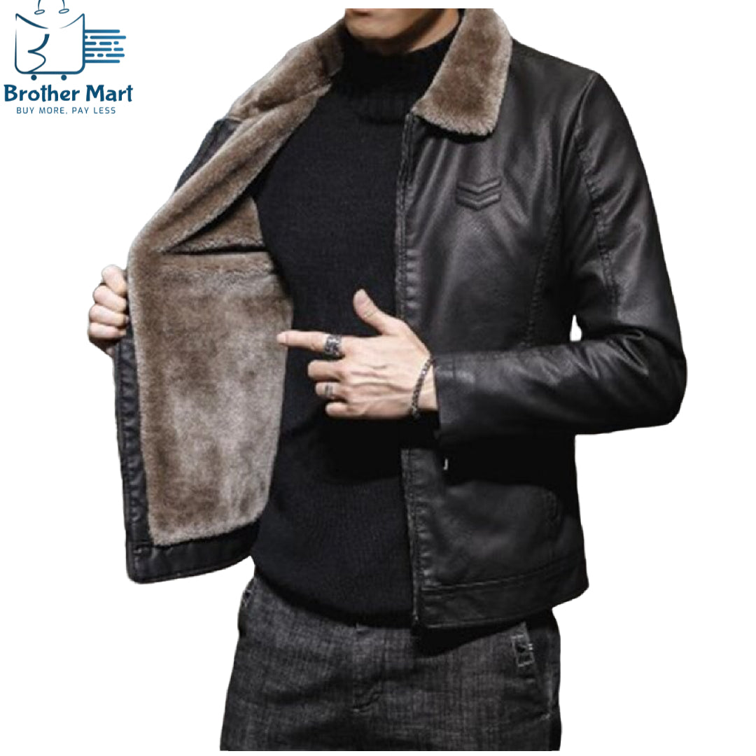 Black Thick Leather Jacket Mens Winter Autumn Men's Jacket Fashion - Brother-mart