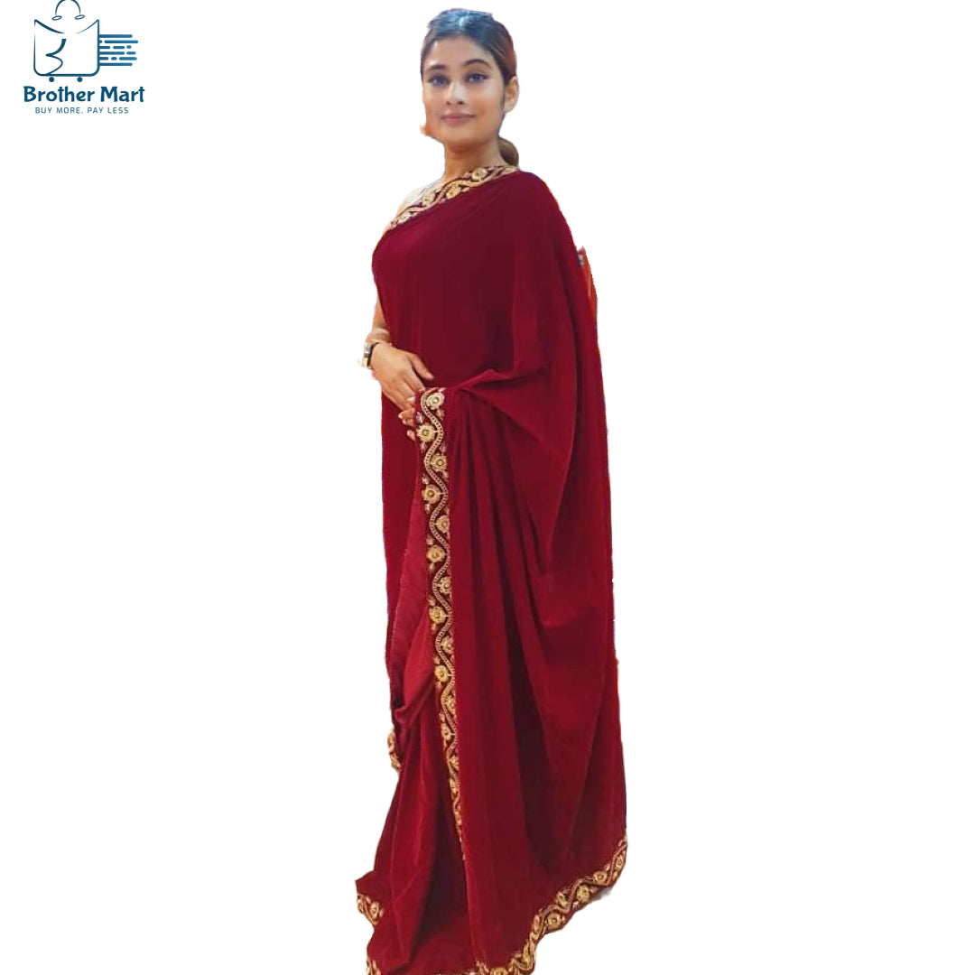 Velvet  saree get discount for original Quality  price for Limited days(Original) Red and maroon - Brother-mart