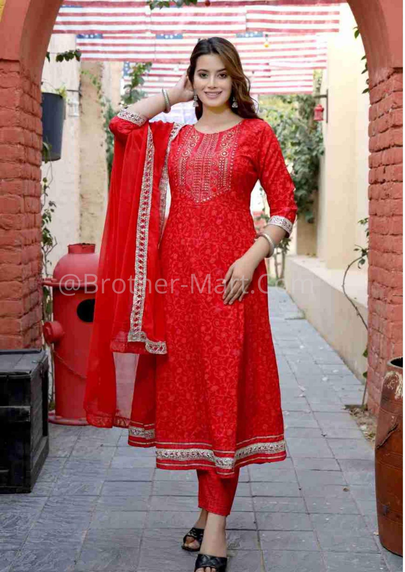 Women Red Printed  Kurta Set with Dupatta 100% Quality - Brother-mart