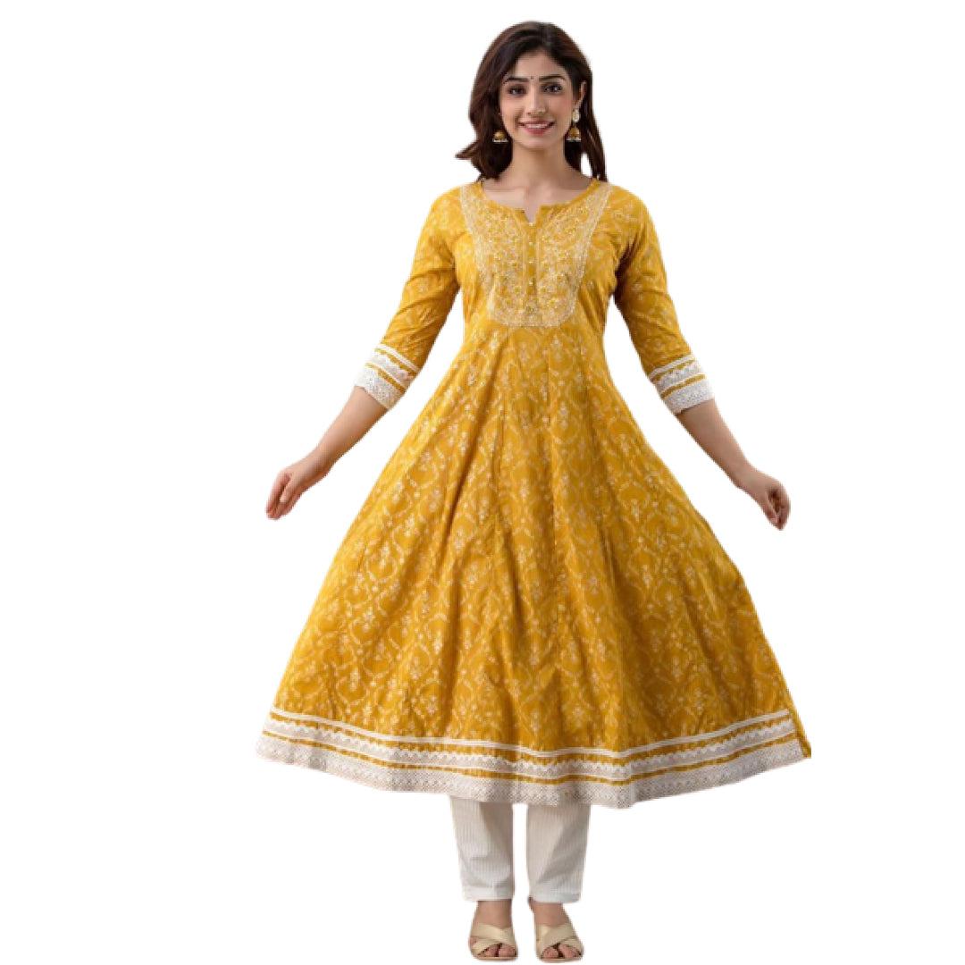 Red and Yellow  Printed  Embroidered Women  