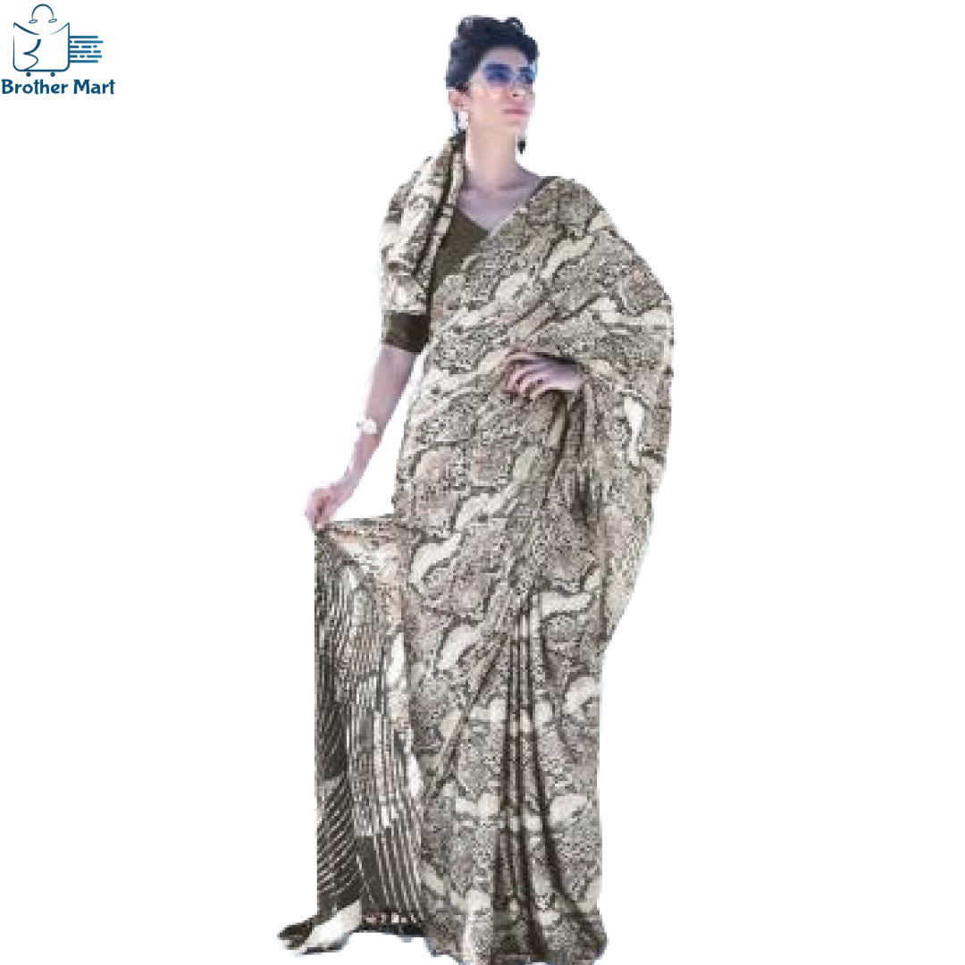 Off White Crepe Satin Festival Wear Printed Work Saree - Brother-mart