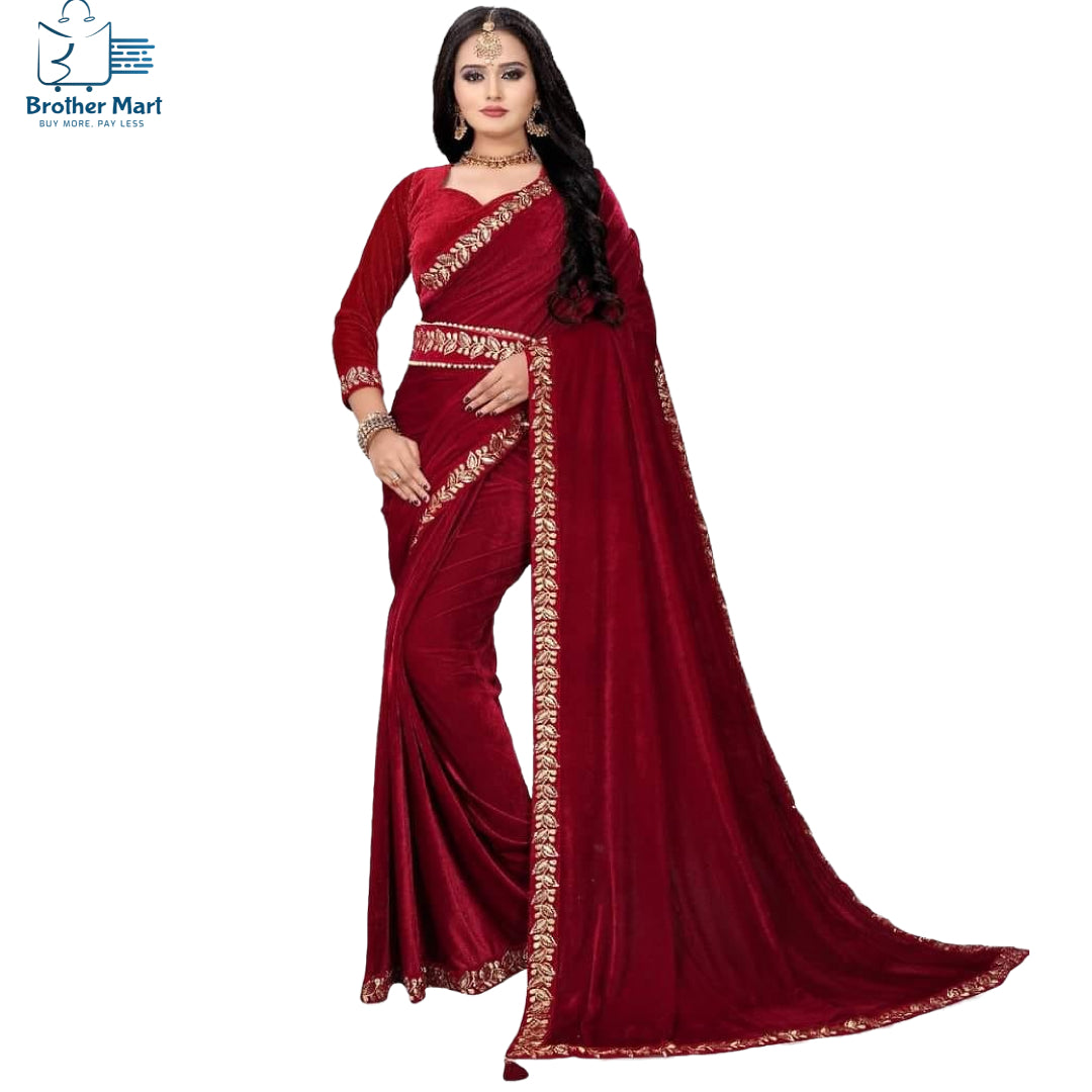 Velvet saree get discount for original Quality price for Limited days(Original) Red and maroon - Brother-mart