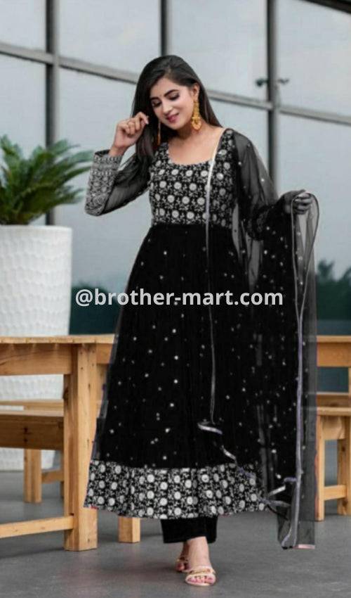 Black trending New Designer Embroidered Anarkali Gown - Brother-mart