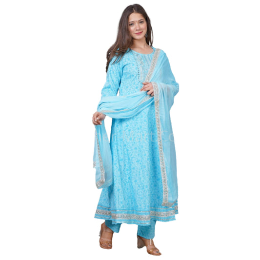 Women Blue Printed Kurta Set with Dupatta 100% Quality