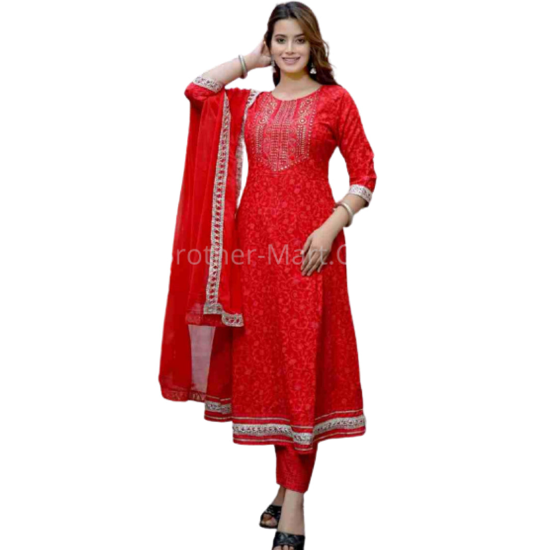 Women Red Printed  Kurta Set with Dupatta