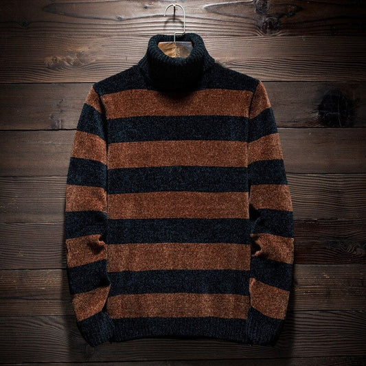 Winter Men's Fashion Turtleneck Sweater Stripe Tops Pullover  Sweater - Brother-mart